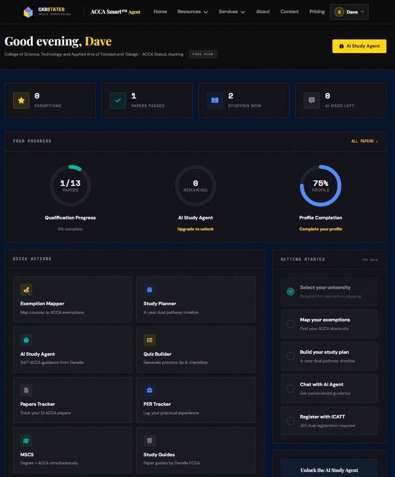ACCA Smart student dashboard showing exemption map, pathway planner and AI study agent